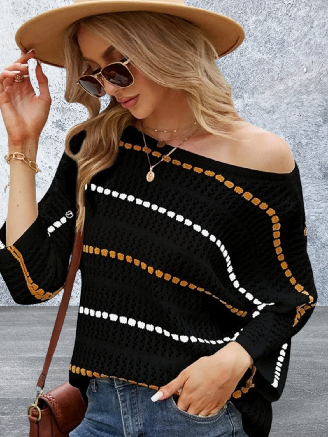 Eyelet Striped Round Neck Knit Top