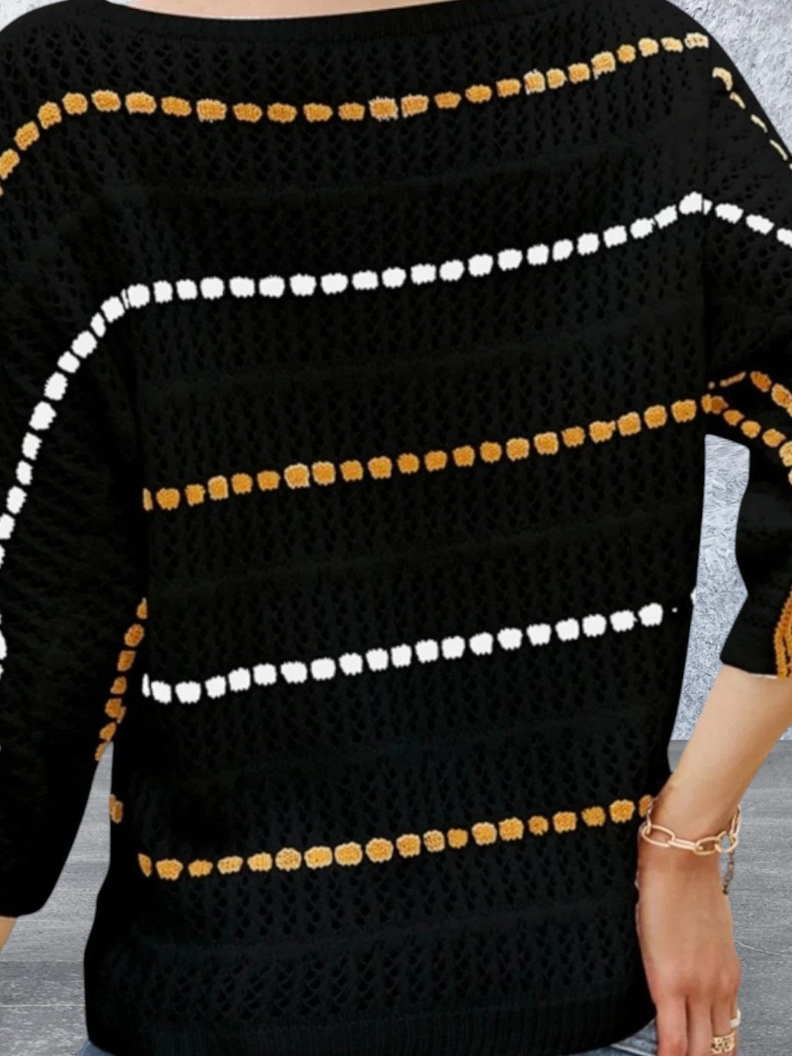 Eyelet Striped Round Neck Knit Top