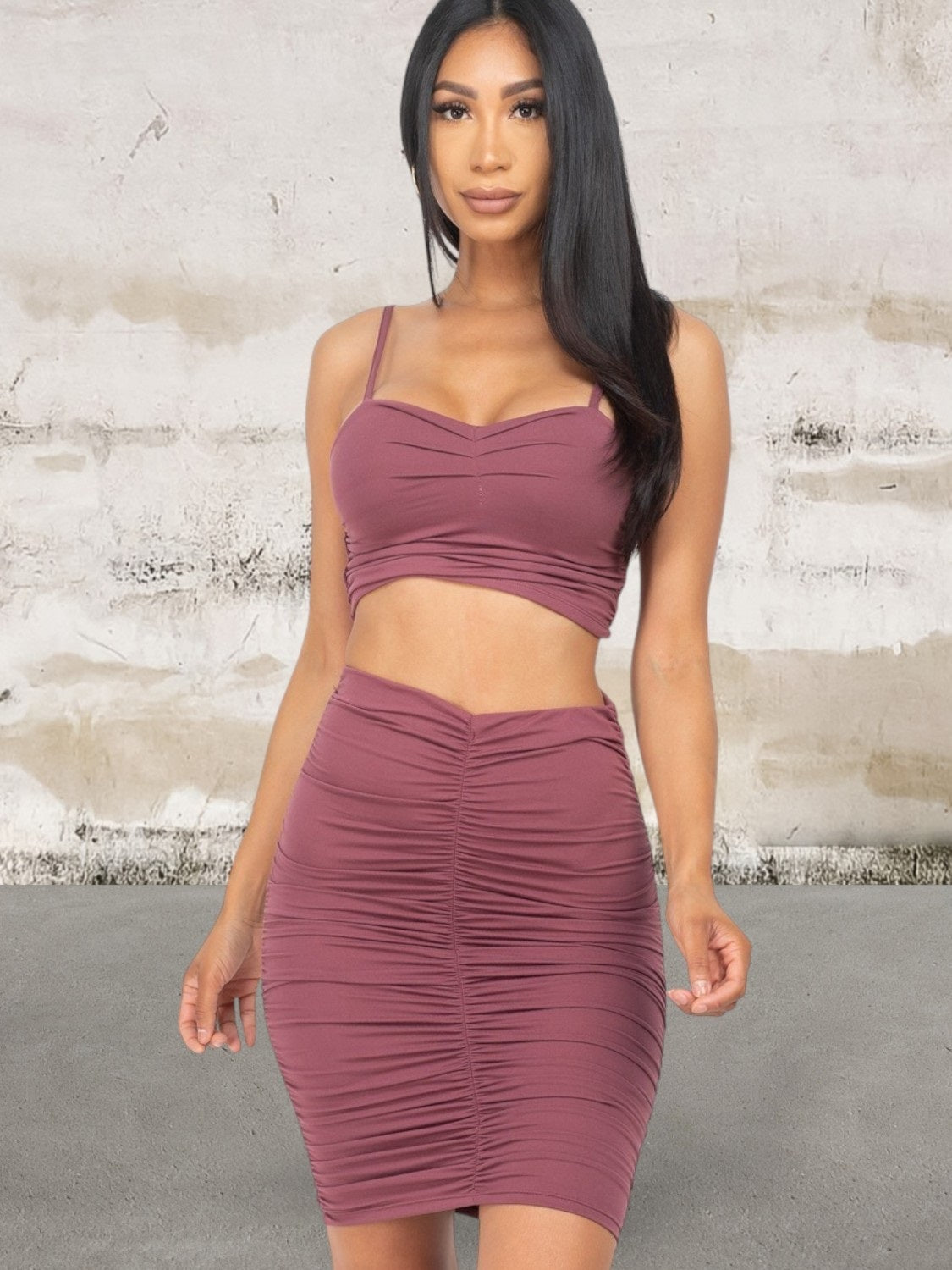 Sleeveless Ruched Crop Top Skirt Sets