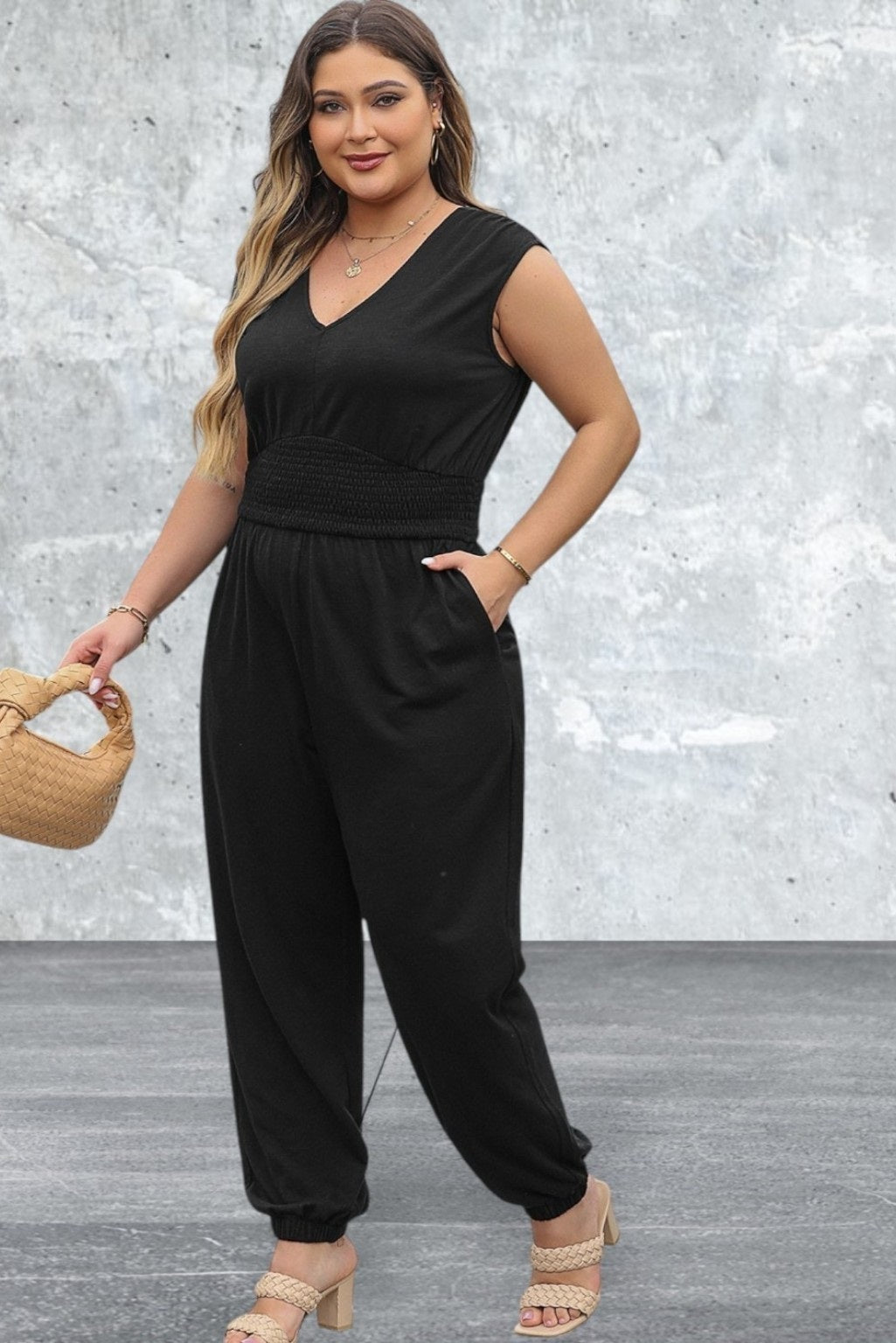 Plus Size Smocked High Waist Sleeveless V Neck Jumpsuit