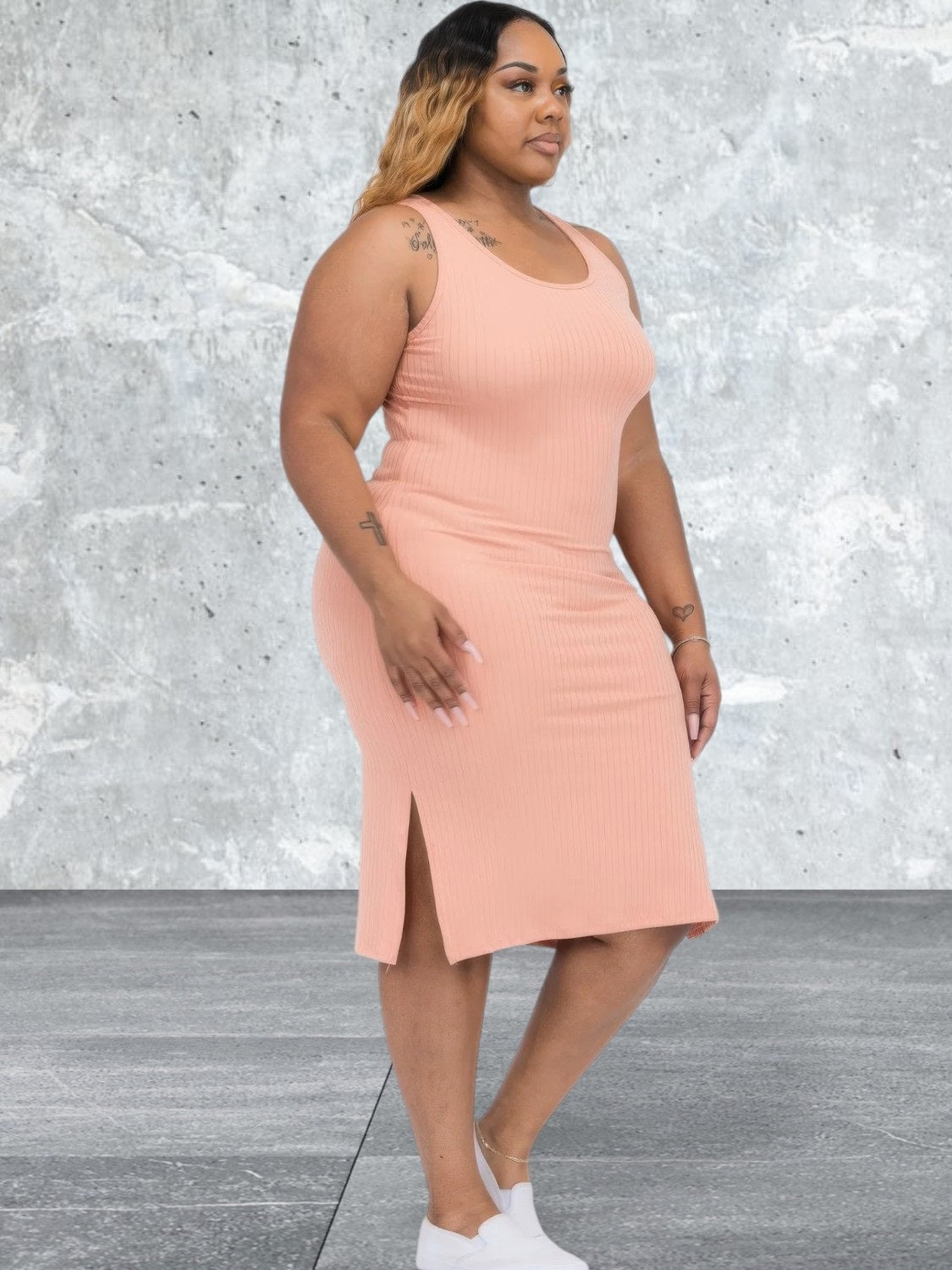 Plus Size Ribbed Side Slit Sleeveless Dress
