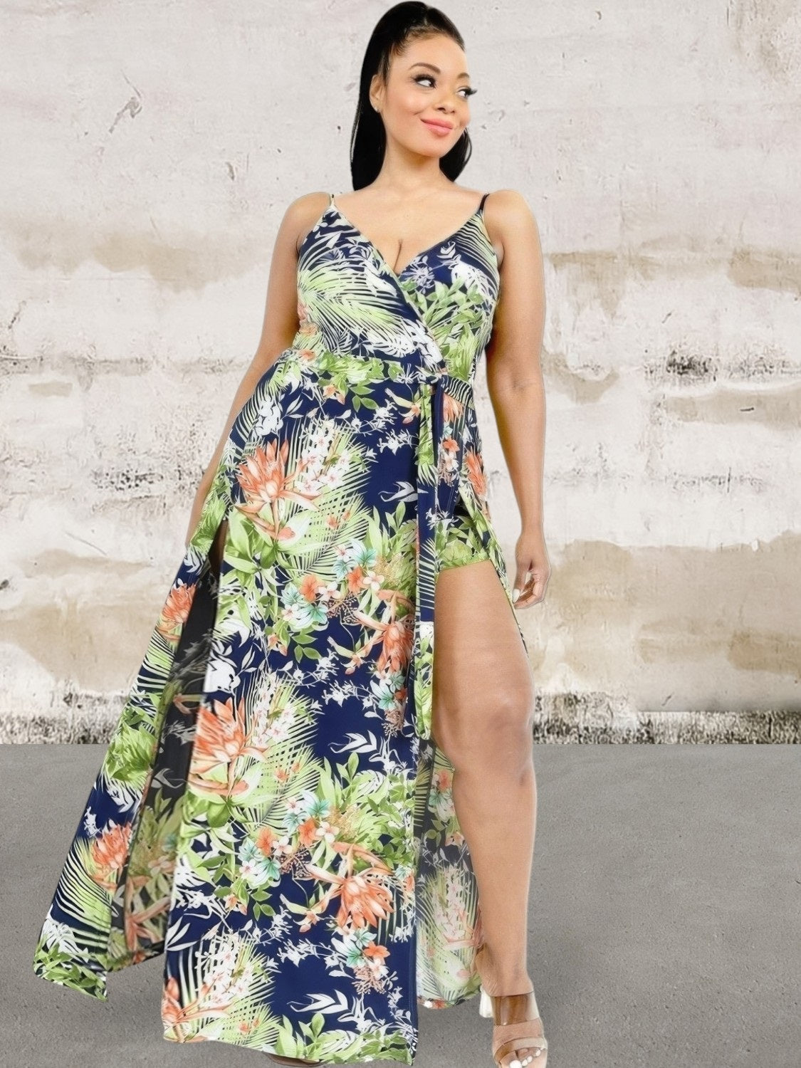Plus Size Sleeveless Leaf Print Surplice Maxi Dress