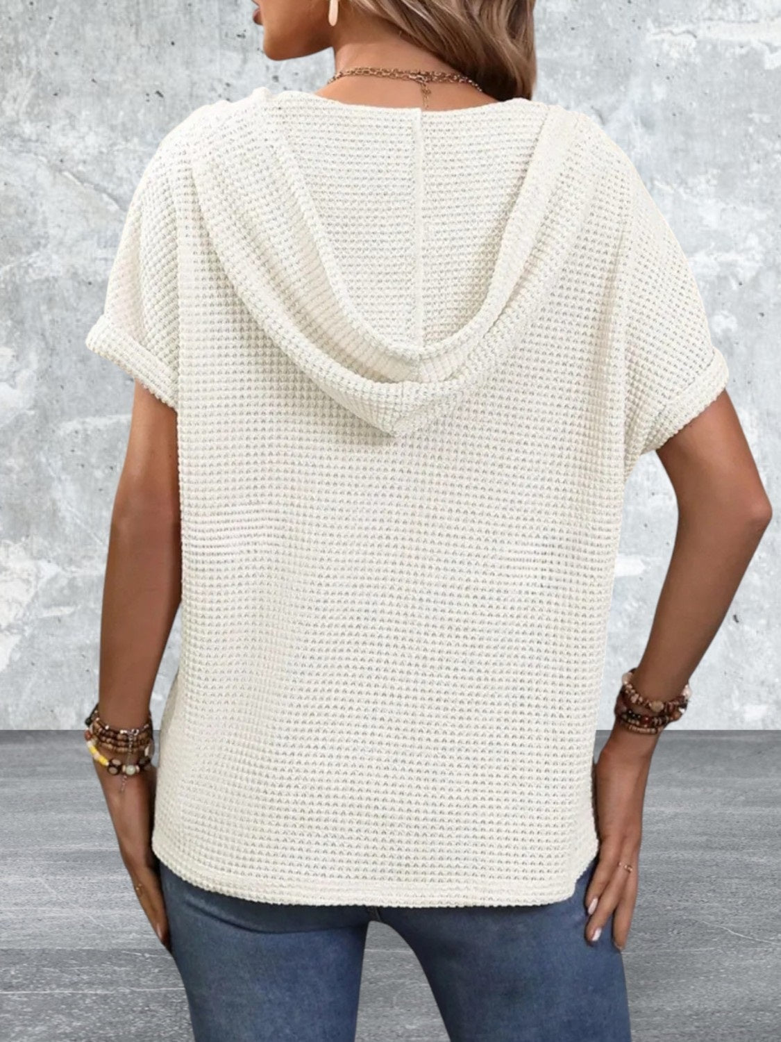 Short Sleeve Waffle Knit Hooded Top