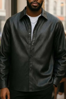 Long Sleeve Faux Leather Snap Button Front Shirt