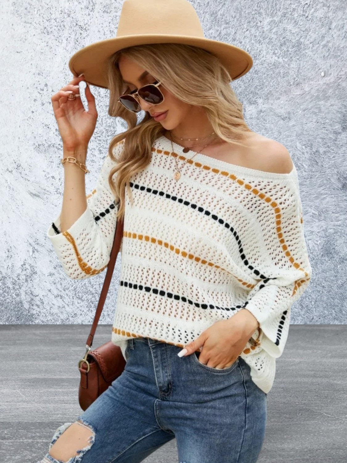Eyelet Striped Round Neck Knit Top