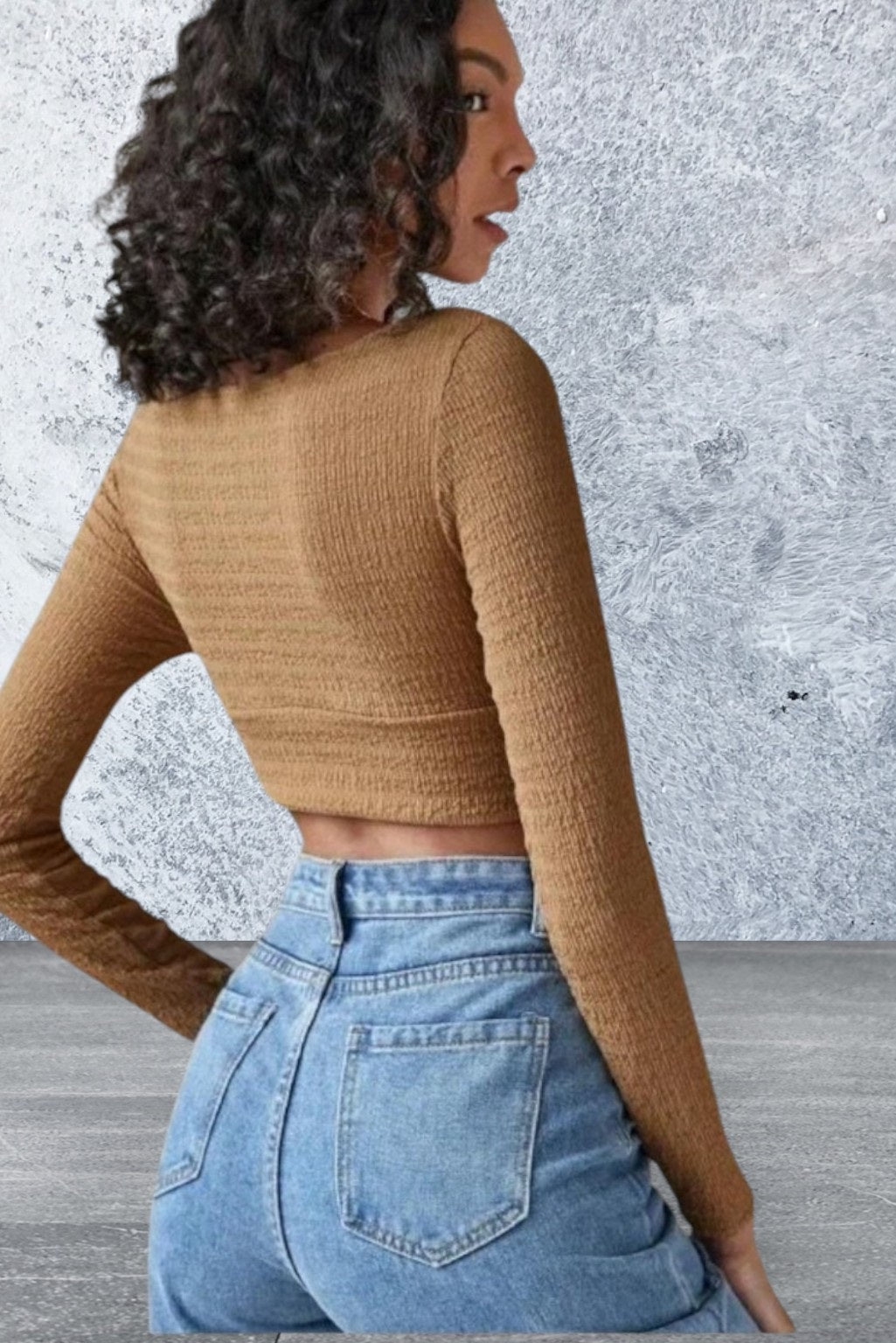 Solid Surplice Neck Long Sleeve Crop Top