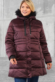 Juniors plus size glossy long fitted vegan fur hood coat