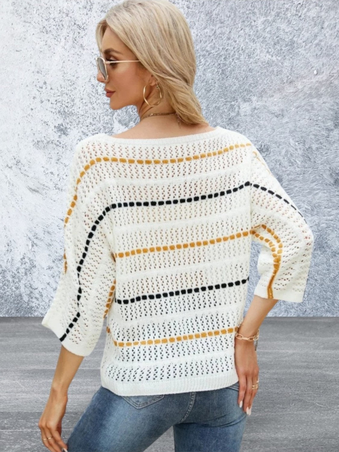 Eyelet Striped Round Neck Knit Top