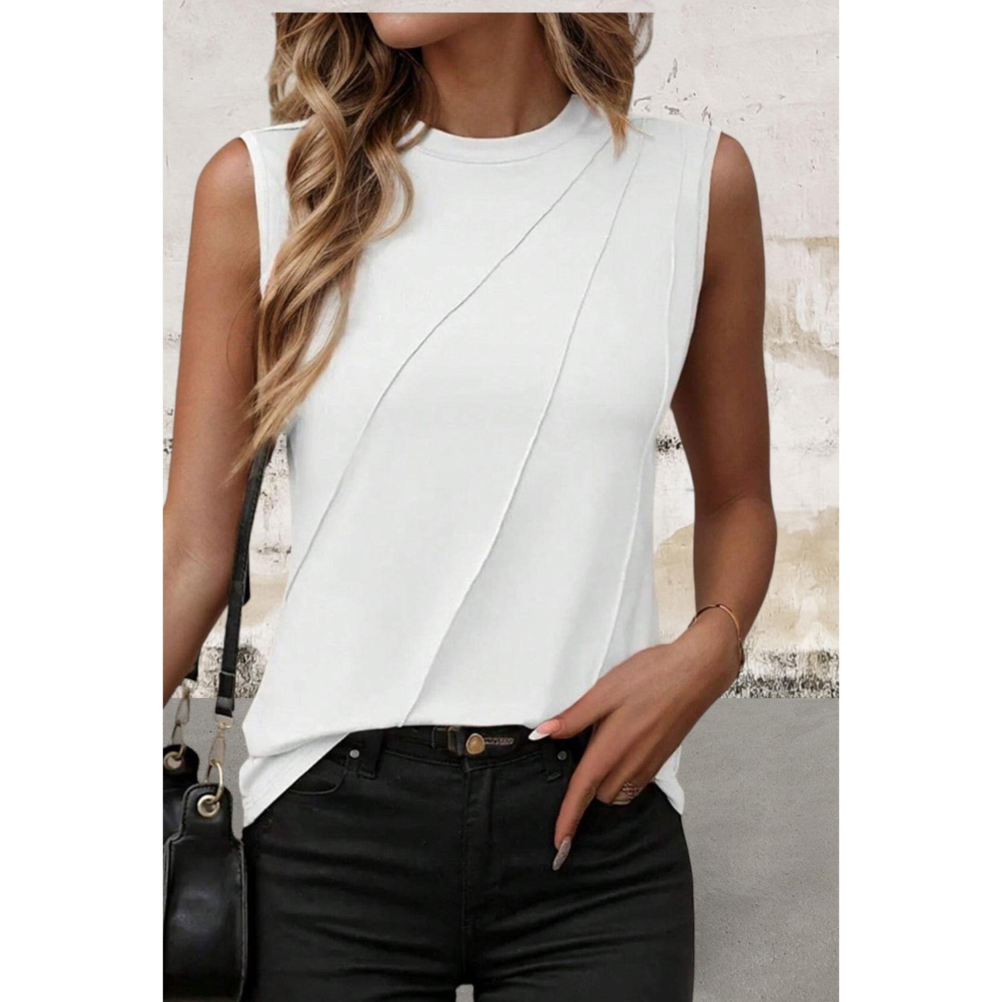 Sleeveless Trendy Crew Neck Pleated Front Top