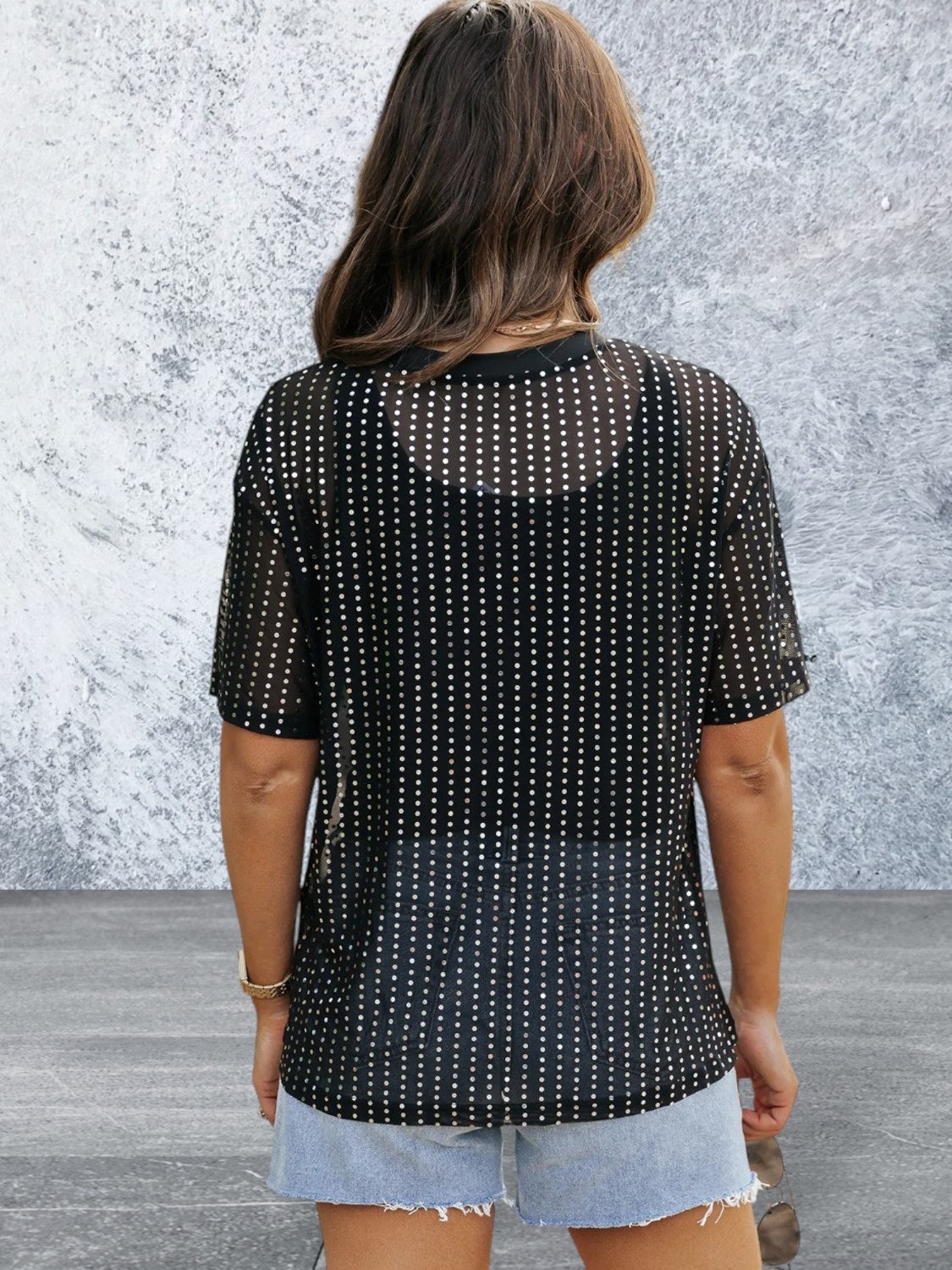 Short Sleeve Black Sequin Sheer Top