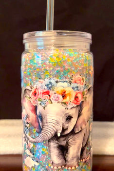 16oz Plastic tumbler with an elephant design and floral crown