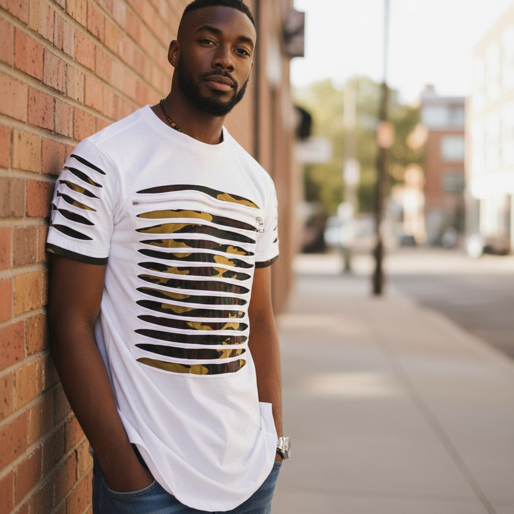 Men's Short Sleeve Razor Cut Camo White Top
