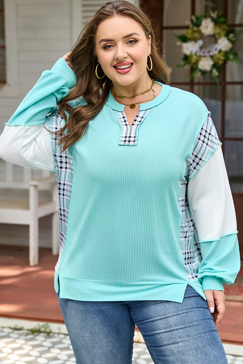 Plus Size Waffle Plaid Patchwork Long Sleeve Top