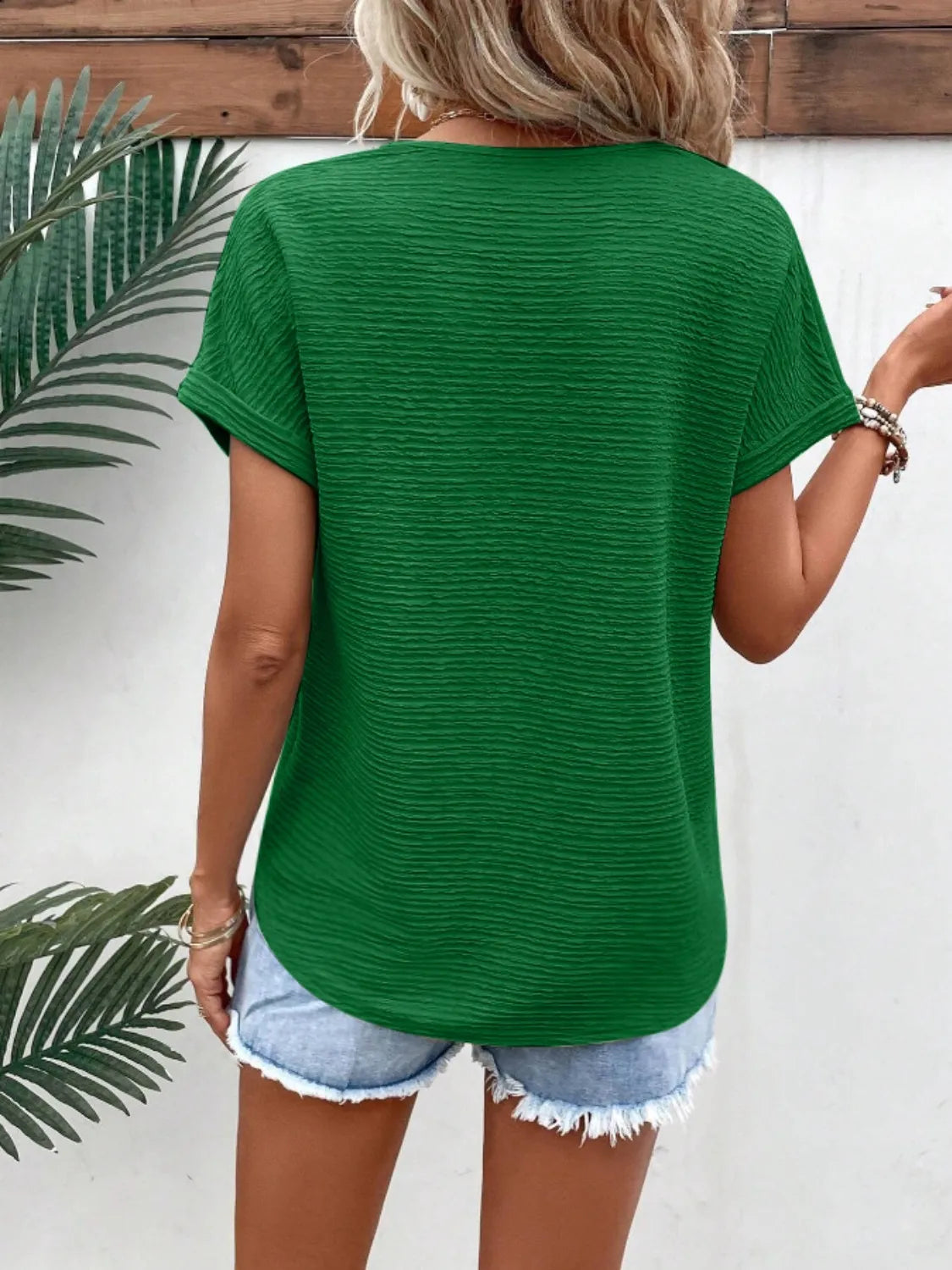 Short Sleeve Textured Solid Color V-Neck Top