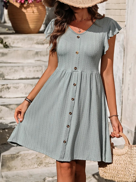 Women's V-Neck Ruffled Cap Sleeve Dress