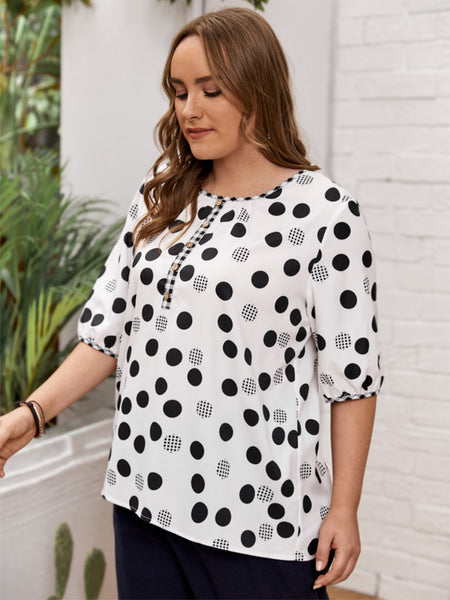 Plus Size Polka Dot Round Neck Half Sleeve Top