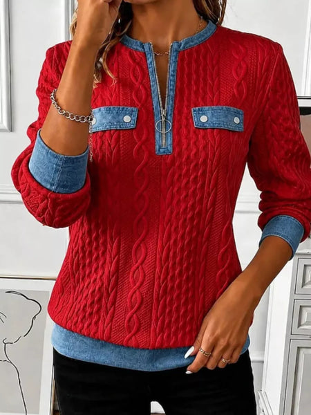 Denim Contrast Trim Quarter Zipper Sweatshirt