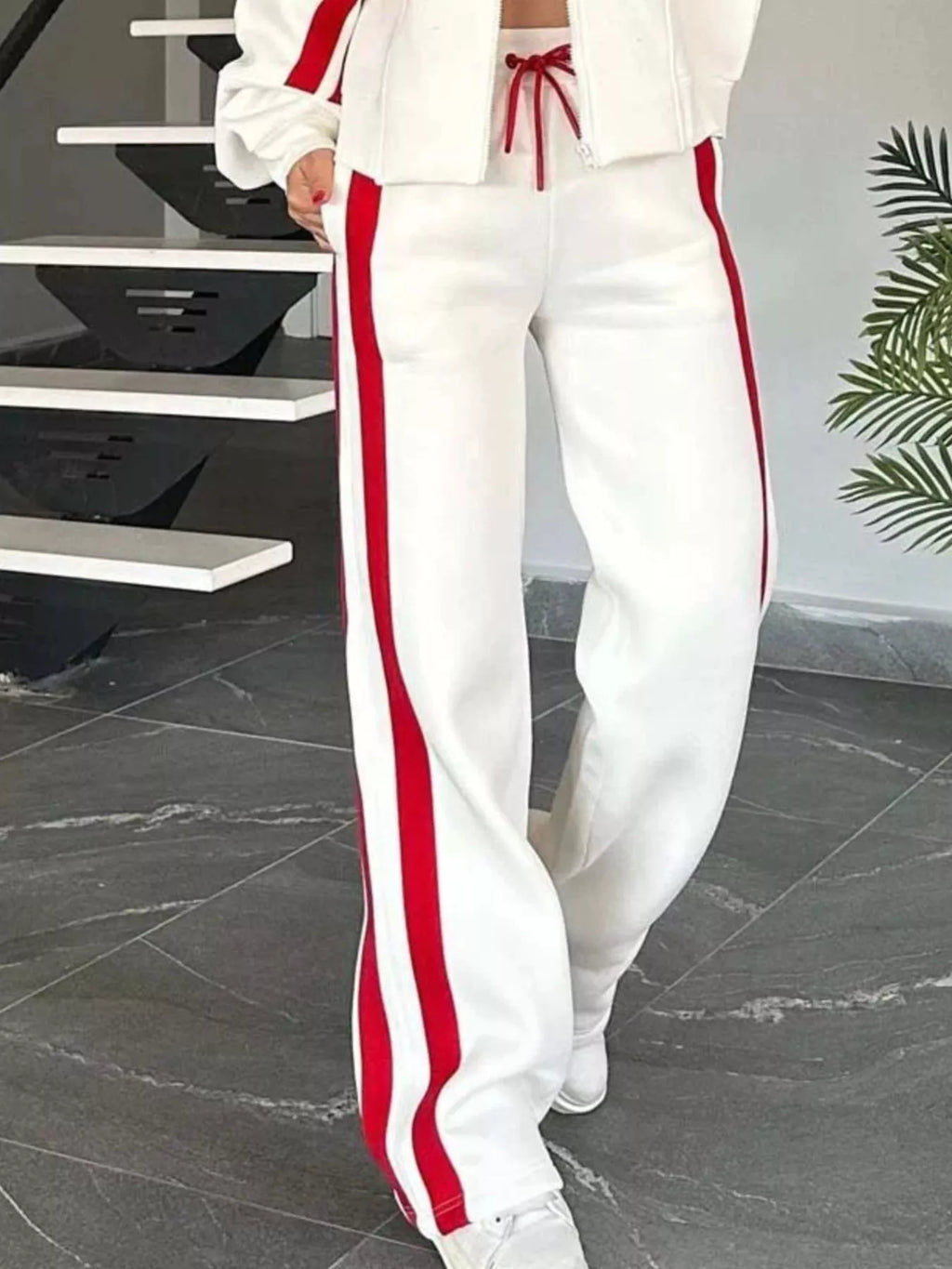 Women Striped Zip Up Outerwear And Pants Set