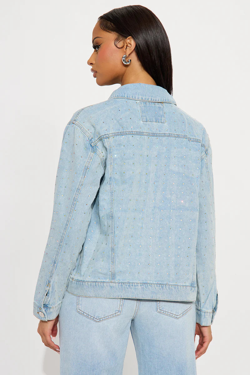 Rhinestone Embellished Denim Jacket Light Wash
