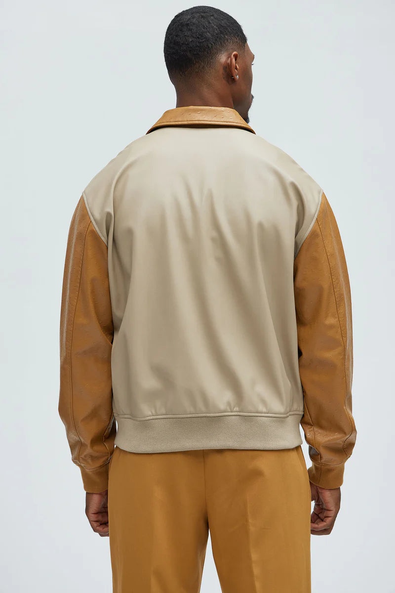 Men's No Pockets Contrast Faux Leather Jacket