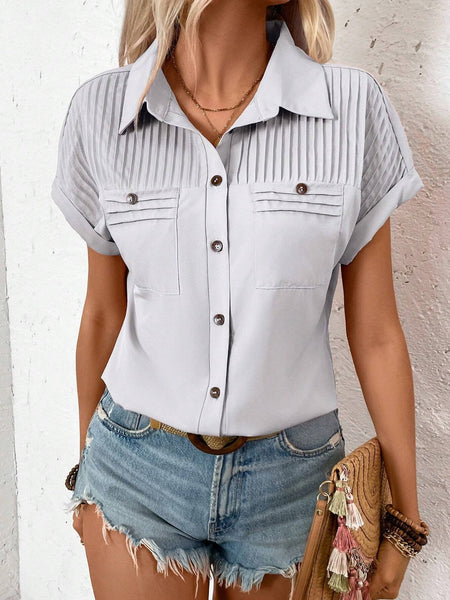 Short Sleeve Pleated Detail Collared Neck Shirt