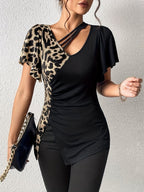 Short Sleeve Ruched Leopard Top