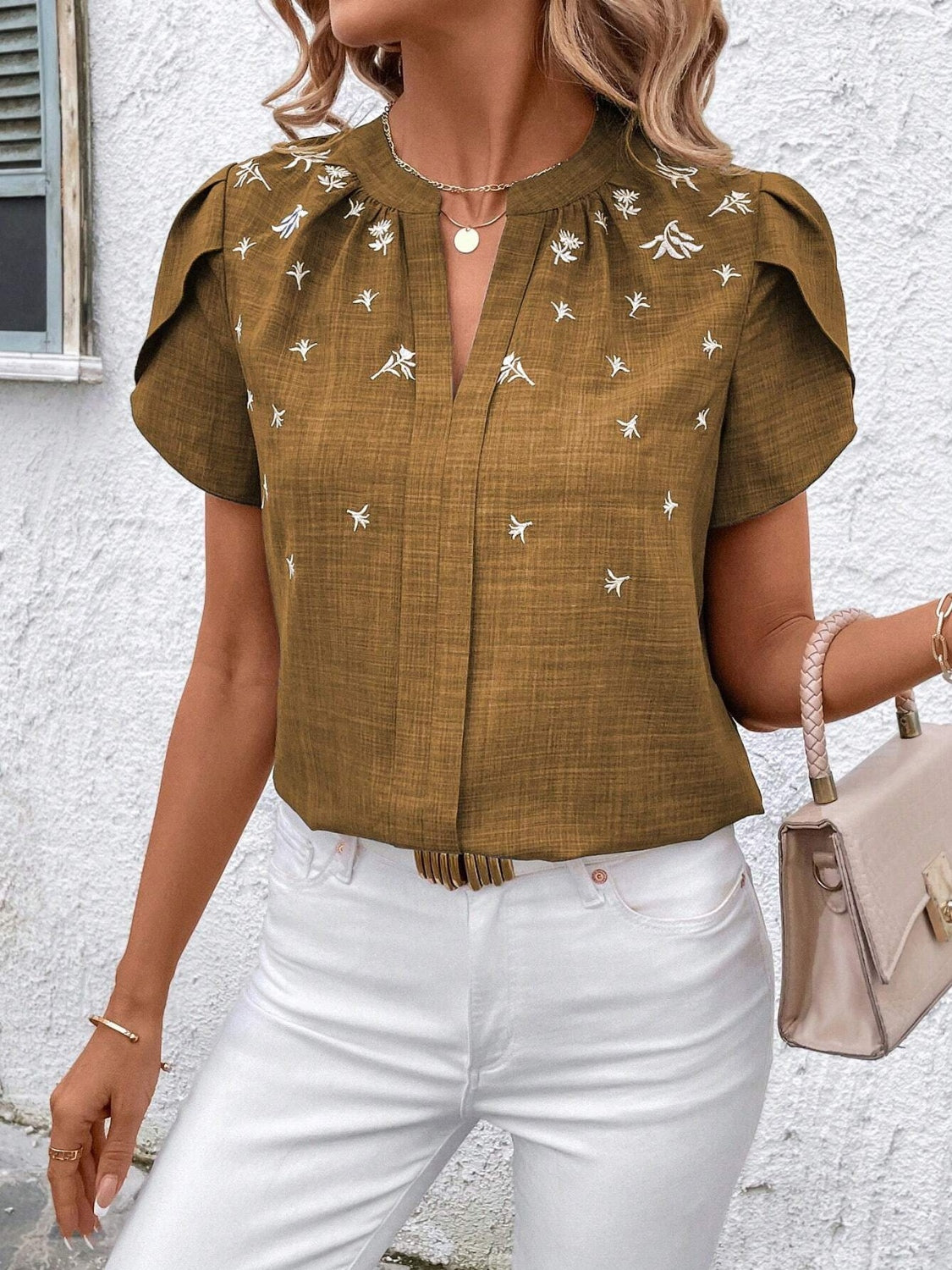 Floral Notched Short Sleeve Blouse