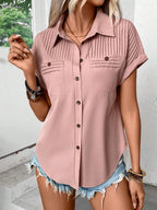 Short Sleeve Pleated Detail Collared Neck Shirt