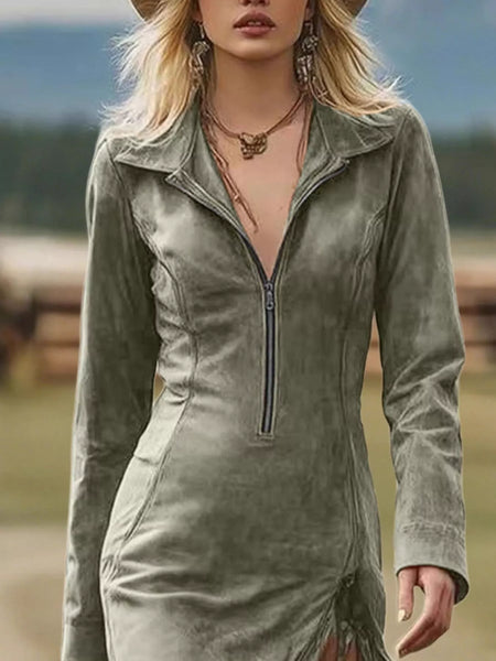 Long Sleeve Fringe Hem Zip Front Bodycon Dress