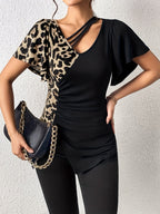 Short Sleeve Ruched Leopard Top
