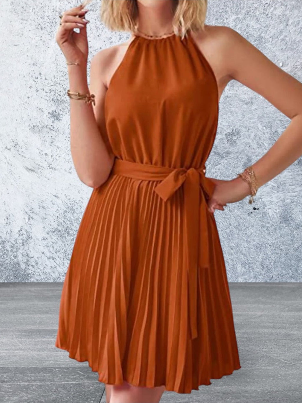 Sleeveless Pleated Tie Waist Mini Dress