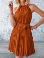 Sleeveless Pleated Tie Waist Mini Dress