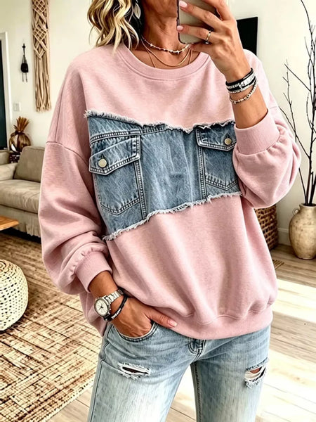 Long Sleeve Denim Patchwork Dropped Shoulder Sweatshirt