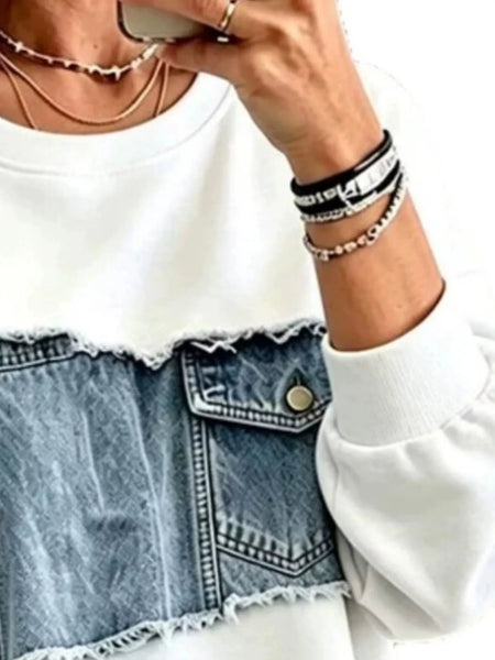Long Sleeve Denim Patchwork Dropped Shoulder Sweatshirt