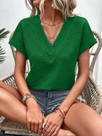Short Sleeve Textured Solid Color V-Neck Top