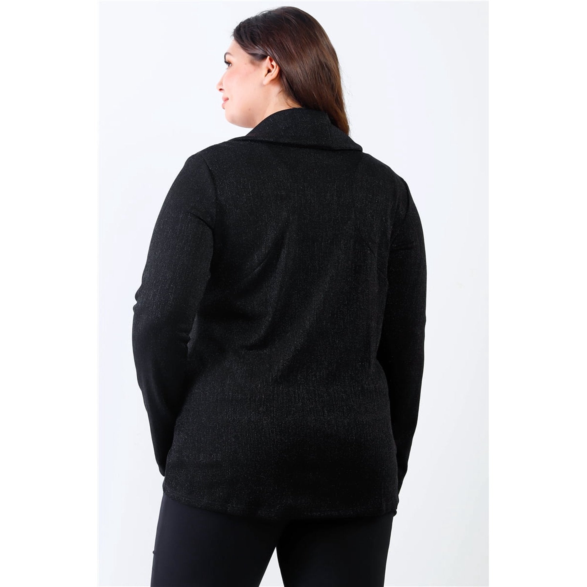 Plus Size Black Lurex Draped Collar Side Zip Up Jacket