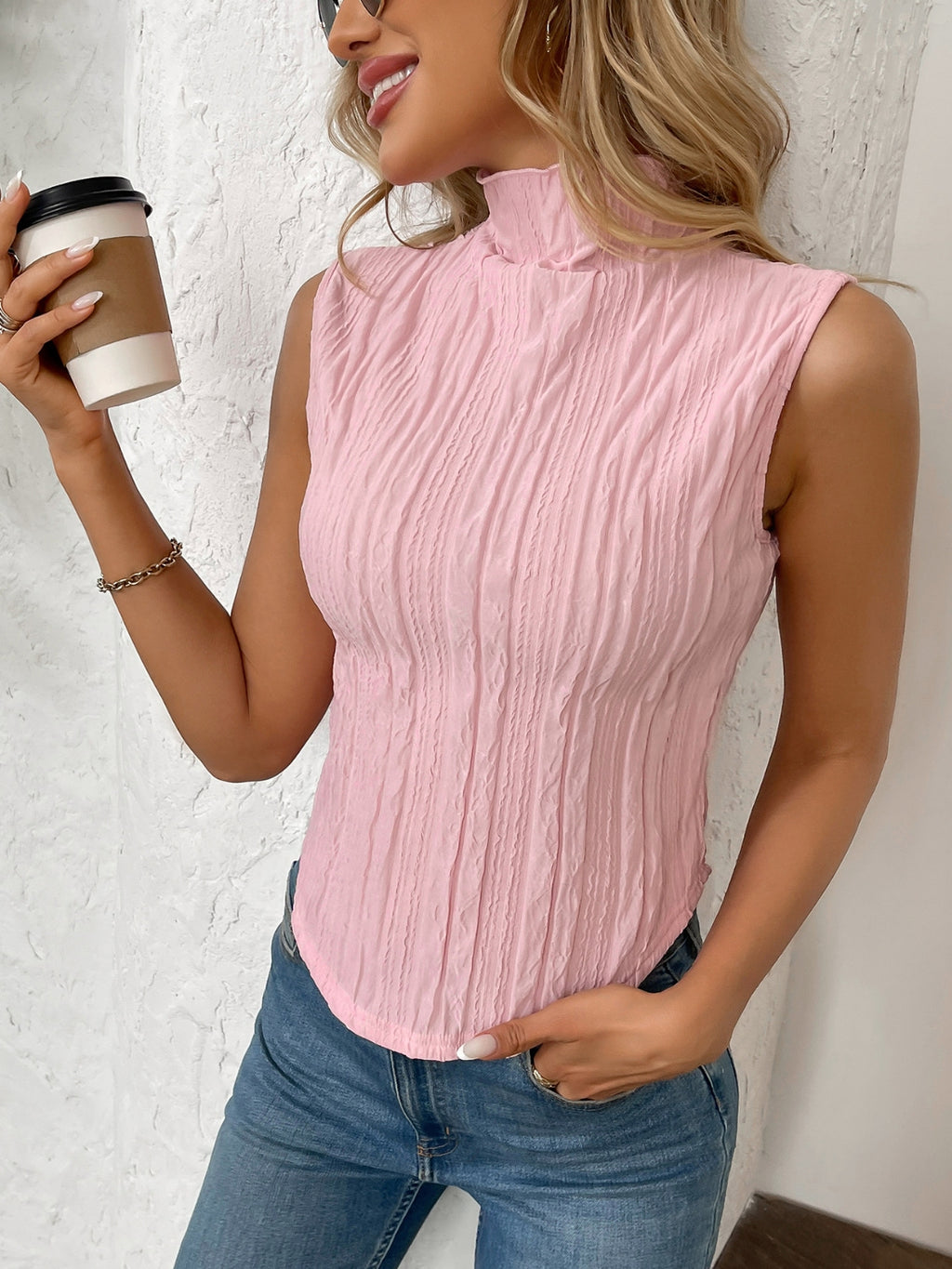 Texture Turtleneck Sleeveless Top