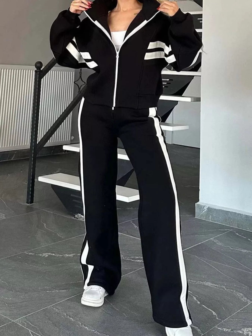 Women Striped Zip Up Outerwear And Pants Set