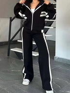 Women Striped Zip Up Outerwear And Pants Set