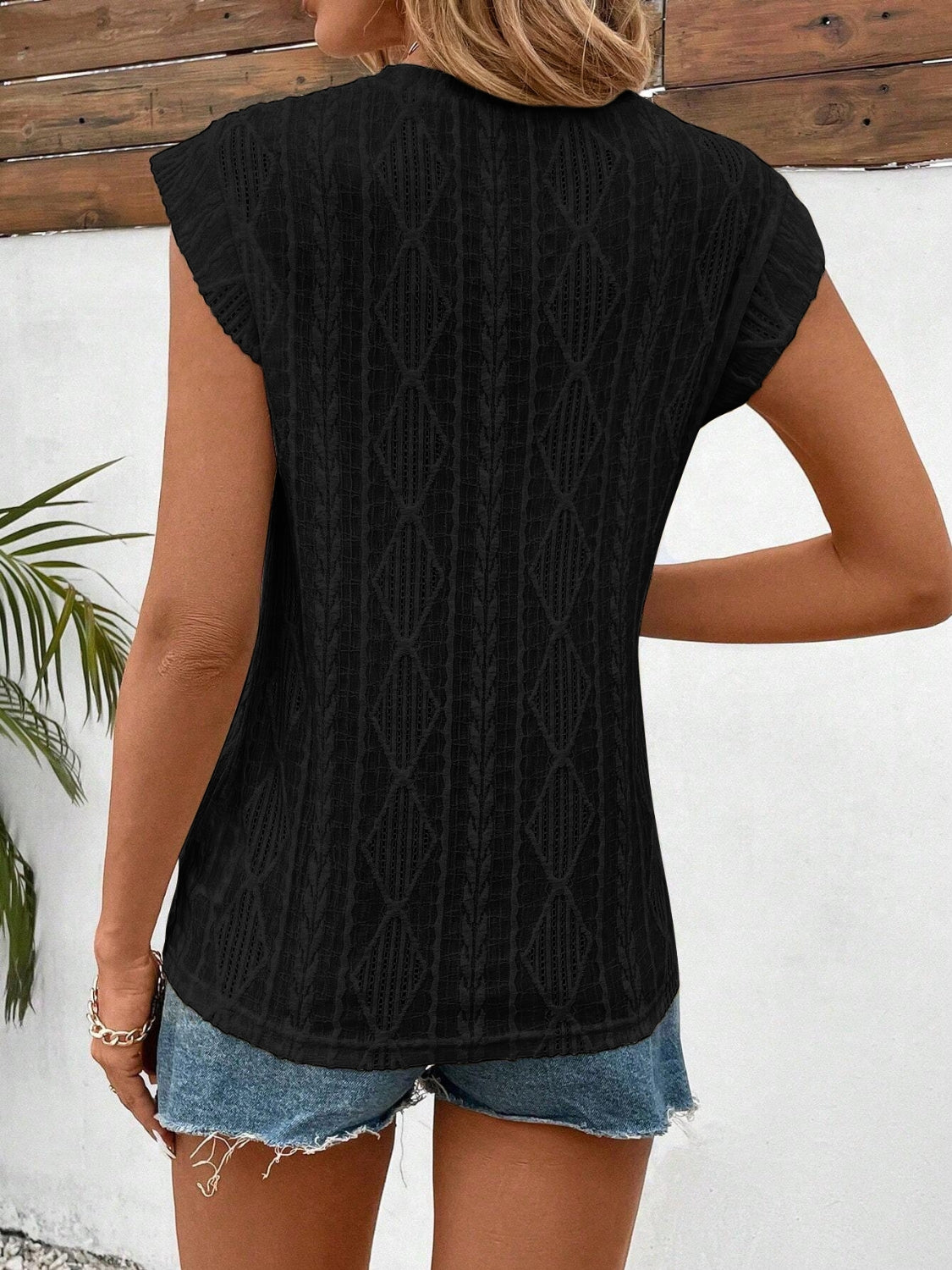 Women's Eyelet Round Neck Cap Sleeve Top
