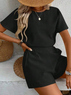 Short Sleeve Round Neck Top and Shorts Set