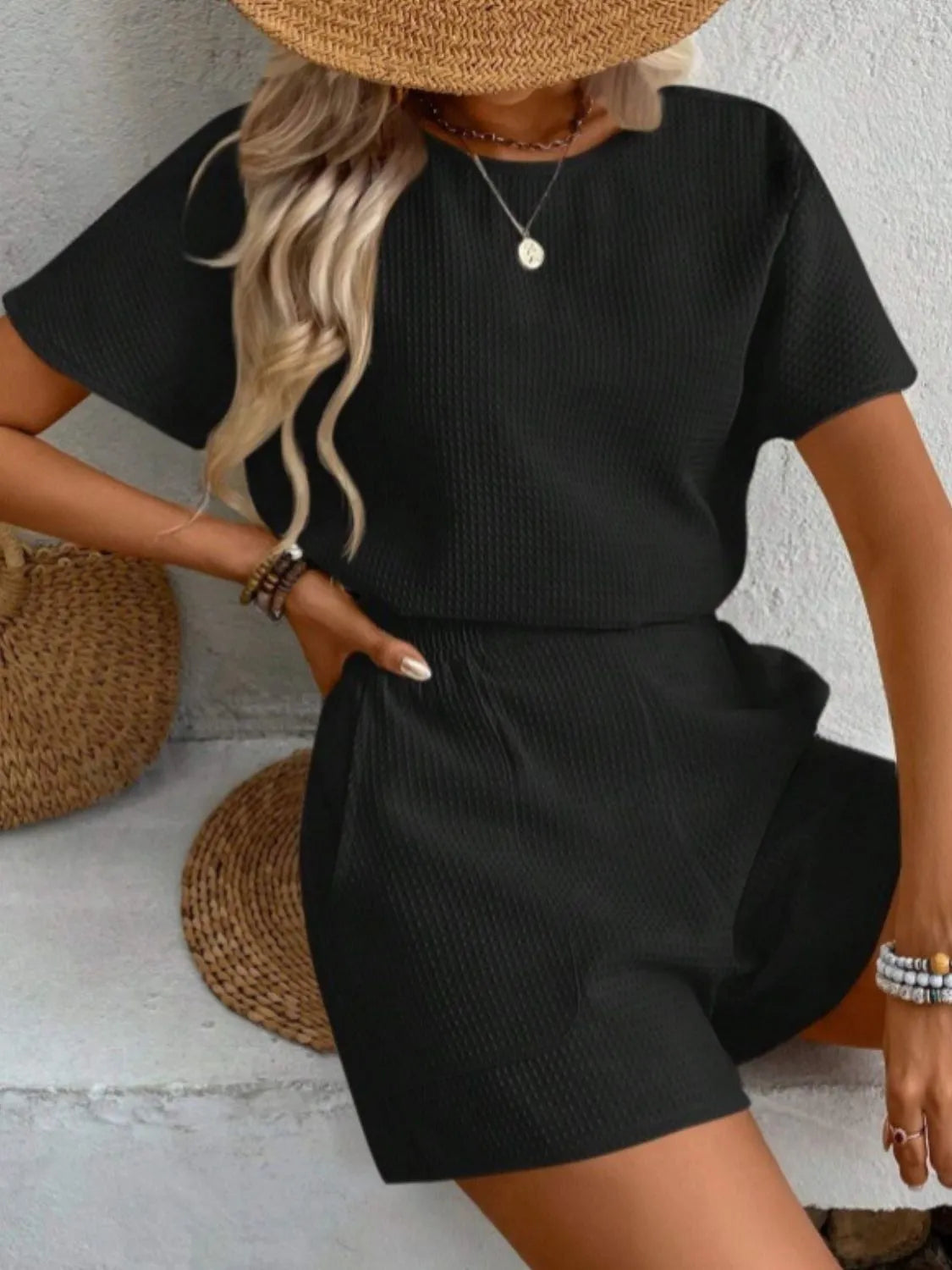 Short Sleeve Round Neck Top and Shorts Set
