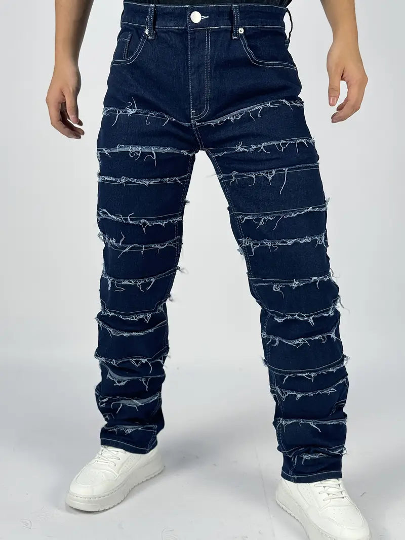 Men's Slim Fit Distressed Jeans with Ring Stitching