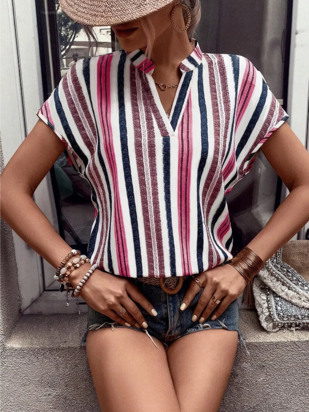 Short Sleeve Striped Notched Top