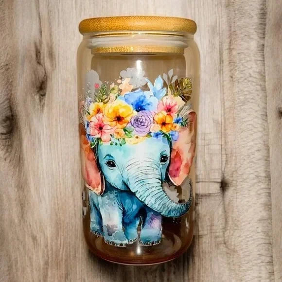Elephant Glass tumbler with bamboo lid and glass straw