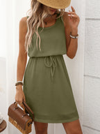 Sleeveless Waffle Knit Drawstring Mini Dress