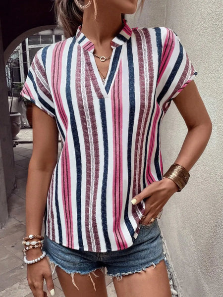 Short Sleeve Striped Notched Top