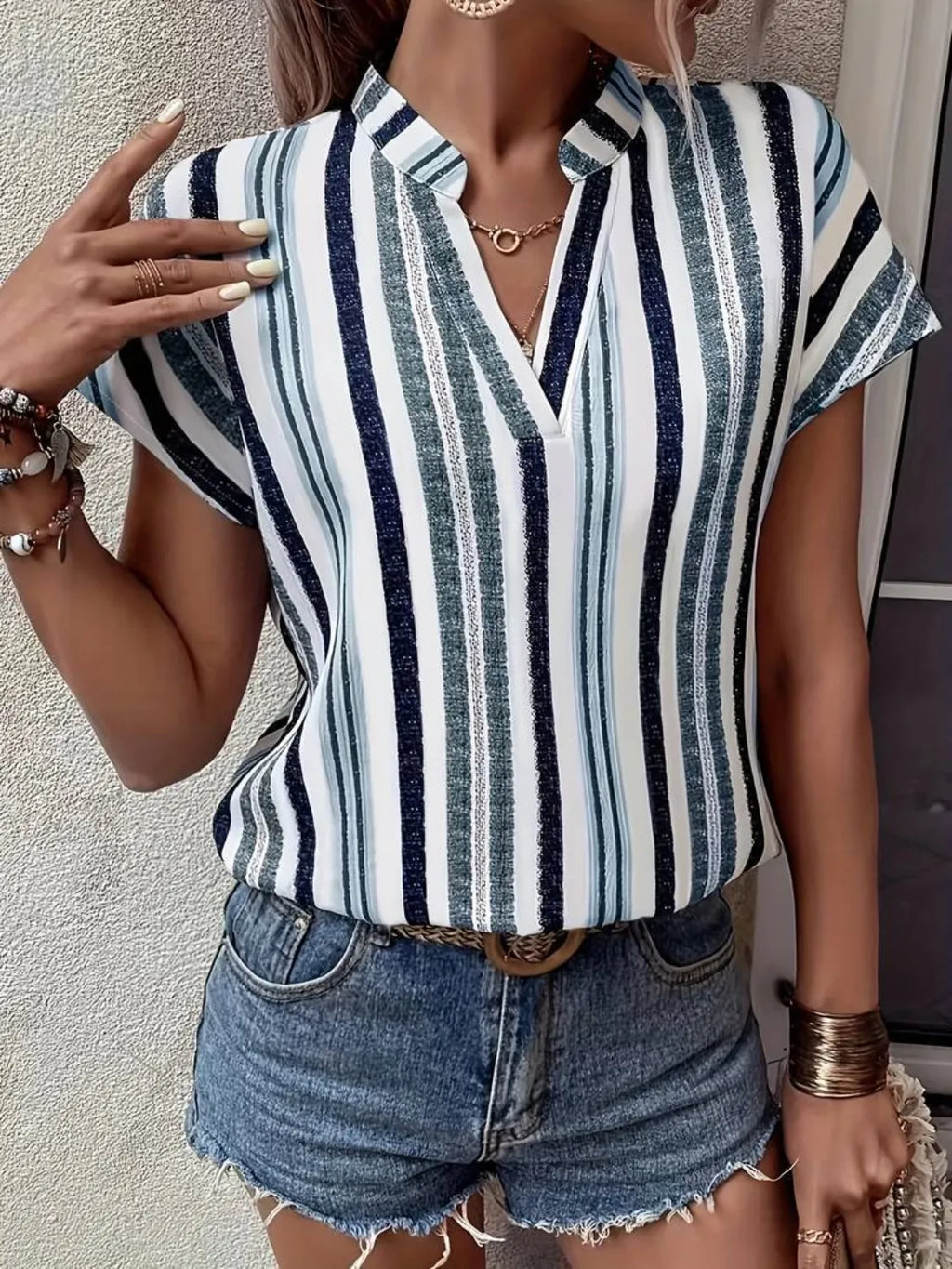 Short Sleeve Striped Notched Top
