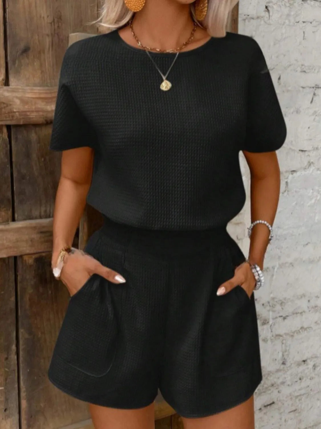 Short Sleeve Round Neck Top and Shorts Set