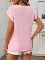 Short Sleeve Contrast Trim V-Neck Knit Top